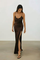 Christy Satin Maxi Dress in Chocolate Brown