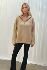 Oversized Zip Knitted Jumper in Camel