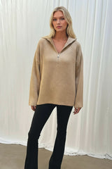 Oversized Zip Knitted Jumper in Camel