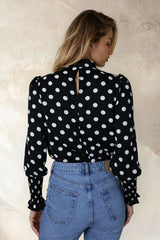 Polka Dot High Neck Blouse with Shirred Sleeves