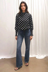 Polka Dot High Neck Blouse with Shirred Sleeves