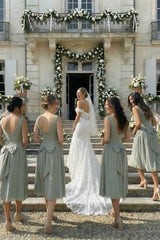 Sage Green Lady Dress with Detachable Bow - Bridesmaid Dress