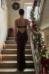 Christy Satin Maxi Dress in Chocolate Brown