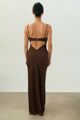 Christy Satin Maxi Dress in Chocolate Brown