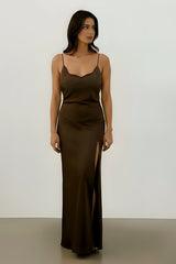 Christy Satin Maxi Dress in Chocolate Brown