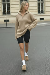 Oversized Zip Knitted Jumper in Camel