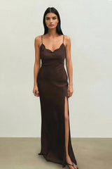 Christy Satin Maxi Dress in Chocolate Brown