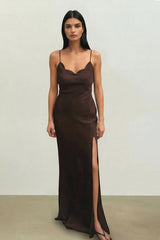 Christy Satin Maxi Dress in Chocolate Brown