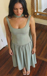 Sage Green Lady Dress with Detachable Bow - Bridesmaid Dress