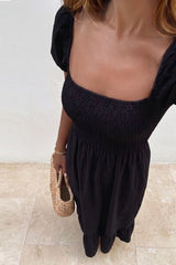 Black Shirred Cotton Midi Dress