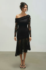 Stephanie Asymmetric Lace Dress in Black