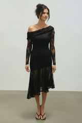 Stephanie Asymmetric Lace Dress in Black