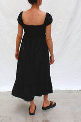 Black Shirred Cotton Midi Dress