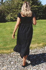 Black Shirred Cotton Midi Dress