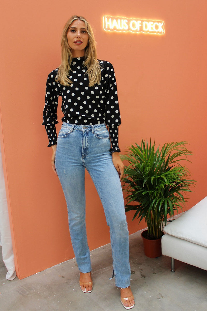 Polka Dot High Neck Blouse with Shirred Sleeves