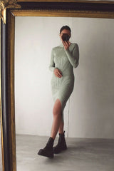 Sage Green Ribbed Knit Dress with Split