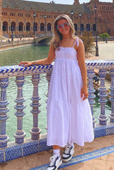 White Gingham Tiered Midi Dress