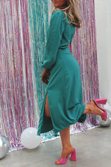 Long Sleeve Backless Teal Green Midi Dress with Split