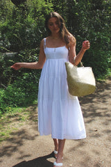 White Gingham Tiered Midi Dress