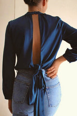 Backless Long Sleeve Top in Blue HAUS OF DECK