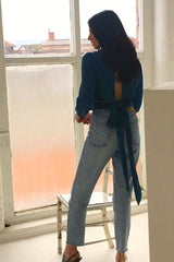 Backless Long Sleeve Top in Blue HAUS OF DECK