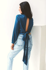 Backless Long Sleeve Top in Blue HAUS OF DECK