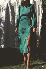 Long Sleeve Backless Teal Green Midi Dress with Split HAUS OF DECK