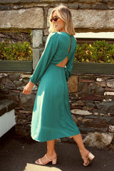 Long Sleeve Backless Teal Green Midi Dress with Split HAUS OF DECK