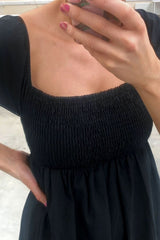 Black Shirred Cotton Midi Dress