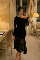 Stephanie Asymmetric Lace Dress in Black