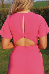 Short Sleeve Backless Pink Midi Dress with Split