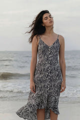 Black Zebra Print High Low Dress