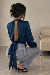 Backless Long Sleeve Top Blue