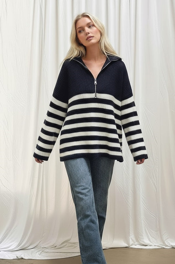 Oversized Striped Zip Knitted Jumper in Navy