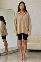 Oversized Zip Knitted Jumper in Camel