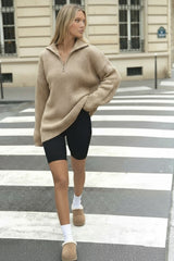 Oversized Zip Knitted Jumper in Camel