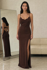 Christy Satin Maxi Dress in Chocolate Brown