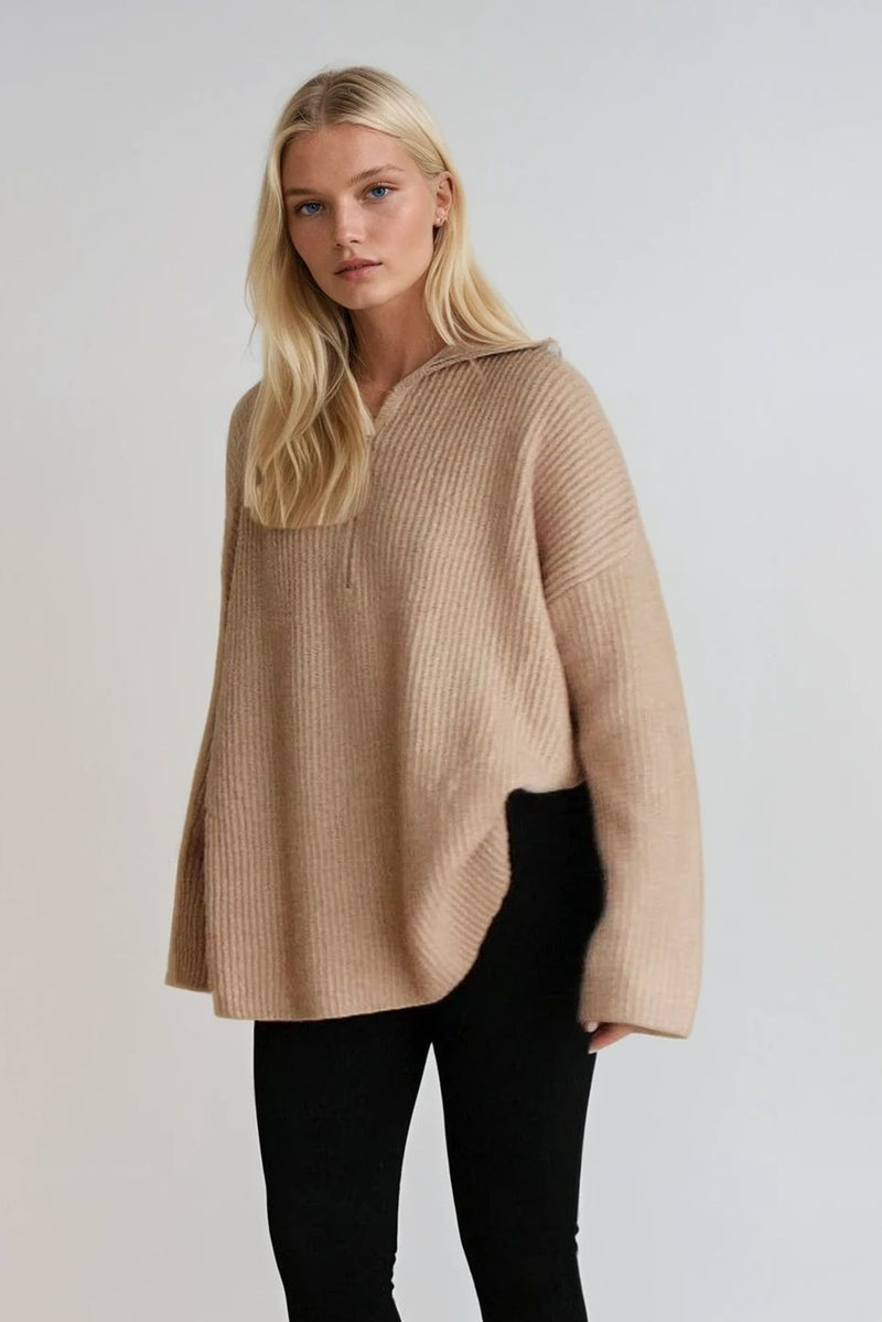Oversized Zip Knitted Jumper in Camel