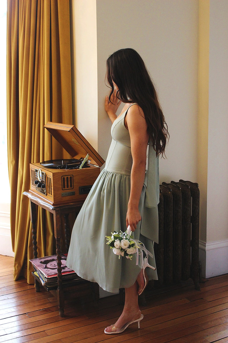 Sage Green Lady Dress with Detachable Bow