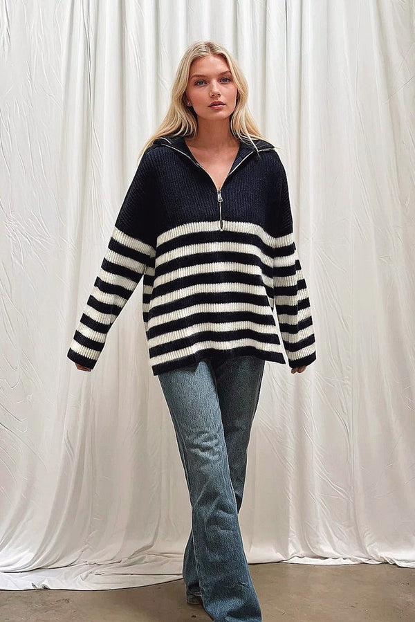Oversized Striped Zip Knitted Jumper in Navy