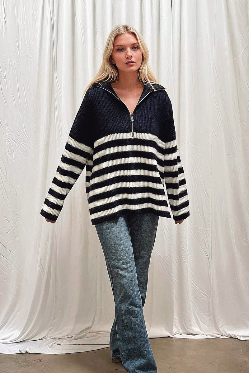Oversized Striped Zip Knitted Jumper in Navy