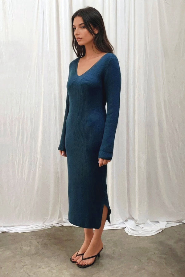 Blue Long Sleeve Knit Jumper Dress with Split