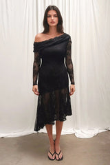 Stephanie Asymmetric Lace Dress in Black