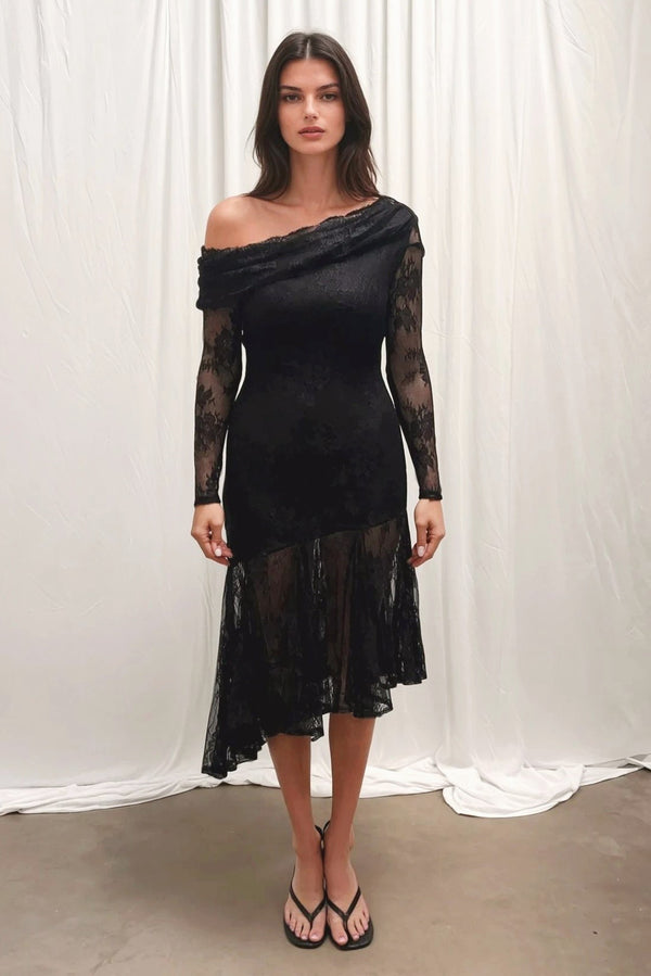 Stephanie Asymmetric Lace Dress in Black