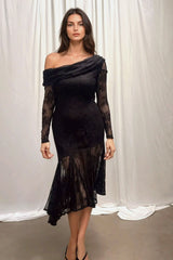 Stephanie Asymmetric Lace Dress in Black