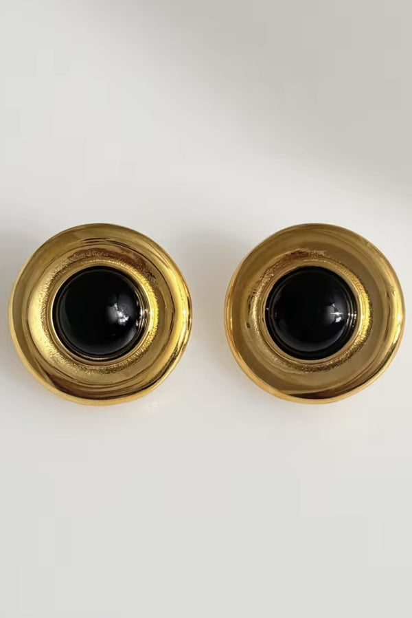 18k Gold Plated Large Black Circle Stud Earrings