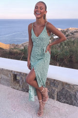 Light Green Leopard Print High Low Dress