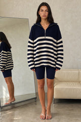 Oversized Striped Zip Knitted Jumper in Navy