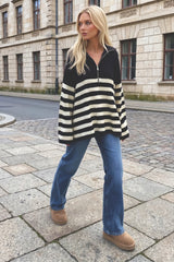 Oversized Striped Zip Knitted Jumper in Navy