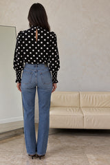 Polka Dot High Neck Blouse with Shirred Sleeves